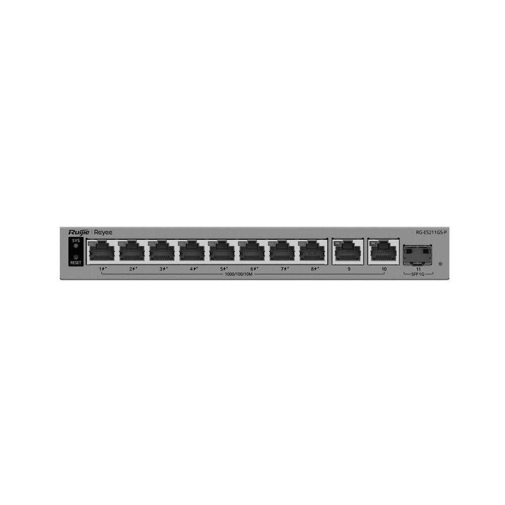 RG-ES211GS-LP - Ruijie 8-Port 10/100/1000BASE-T PoE+ Cloud-Managed Switch with 2-Port Gigabit and 1-Port SFP