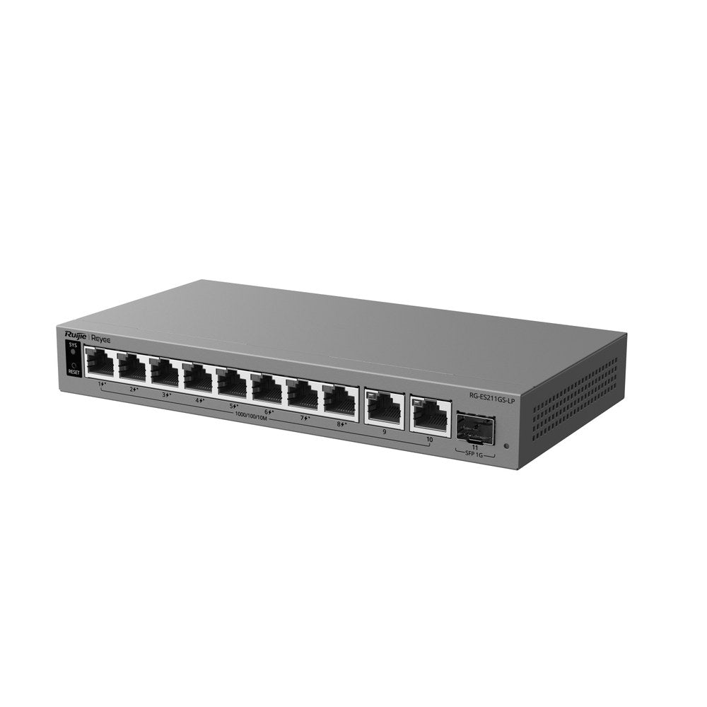 RG-ES211GS-LP - Ruijie 8-Port 10/100/1000BASE-T PoE+ Cloud-Managed Switch with 2-Port Gigabit and 1-Port SFP
