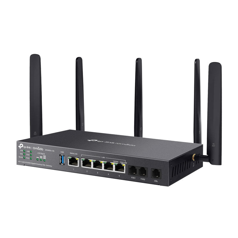 TP-Link DR3650v-4G Omada 4G+ Cat6 AX3000 Wi-Fi 6 Gigabit Desktop DSL Gateway, 574Mbps@2.4GHz + 2402Mbps@5GHz(HE160), VDSL2 350 350/60, VoIP