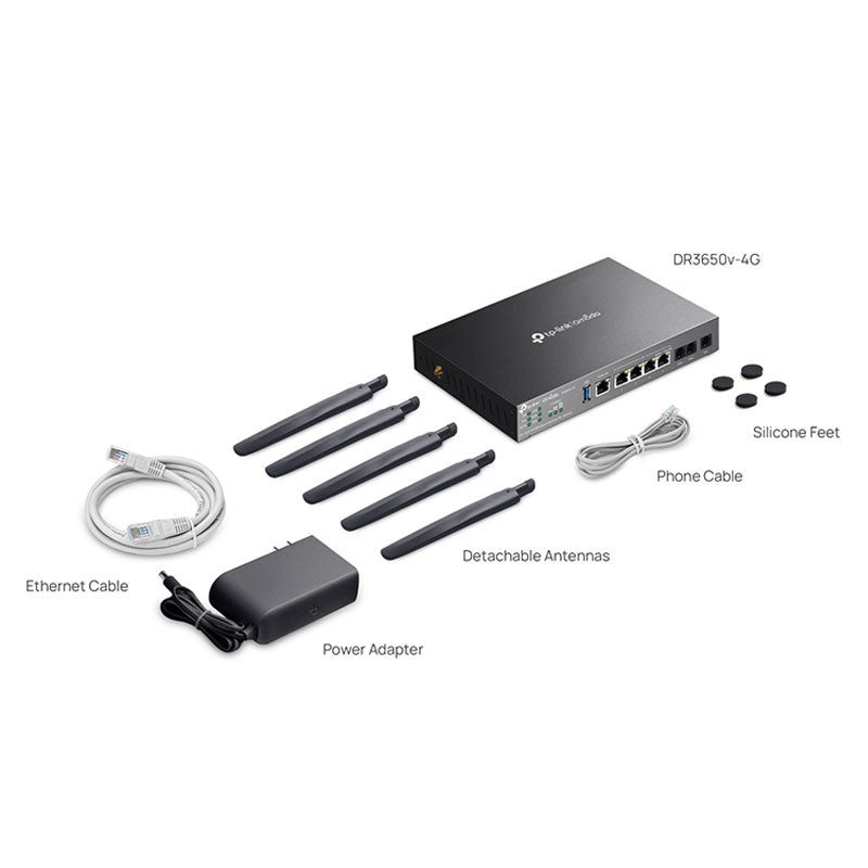 TP-Link DR3650v-4G Omada 4G+ Cat6 AX3000 Wi-Fi 6 Gigabit Desktop DSL Gateway, 574Mbps@2.4GHz + 2402Mbps@5GHz(HE160), VDSL2 350 350/60, VoIP