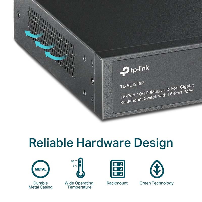 TL-SL1218P TP-Link 16-Port 10/100Mbps + 2-Port Gigabit Rackmount Switch with 16-Port PoE+